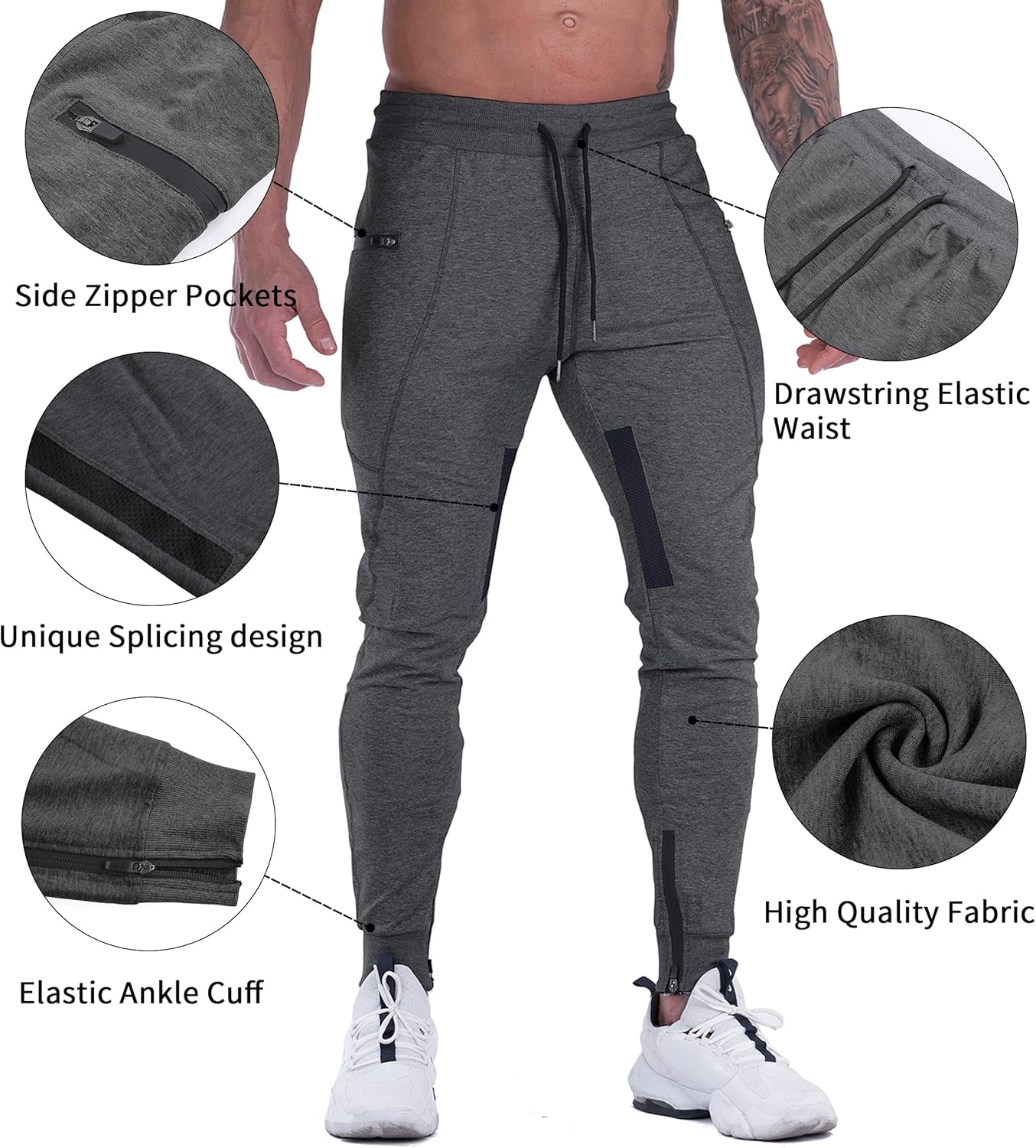 Mens Joggers Pants Tapered Sweatpants Casual Gym Training Workout Pants Slim Track Pant with Zipper Pockets